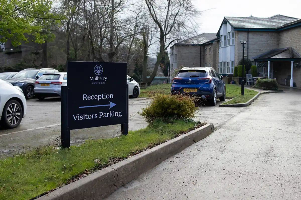 Photo of a sign that reads "Reception" and "Visitors Parking" with an arrow pointing right and the logo for Mulberry Care Homes, located in the car park of Astley Grange Care Centre