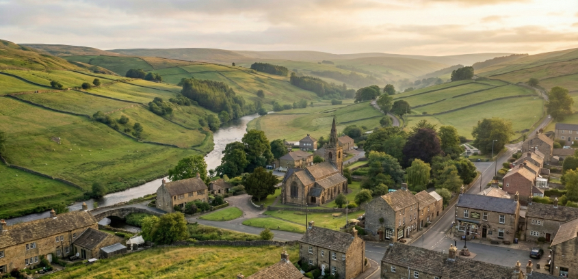 View of rolling hills and quaint houses, with a river cutting through the landscape.